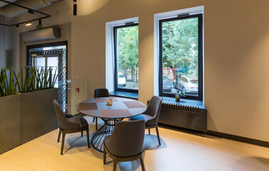 Interior of a empty modern hotel lounge cafe restaurant