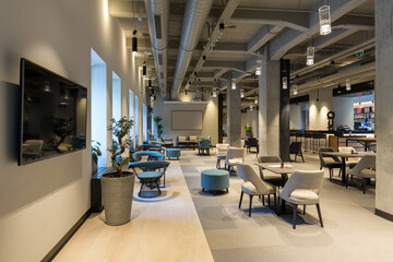 Interior of a empty modern hotel lounge cafe restaurant