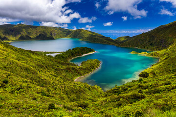 Naklejka na ściany i meble Beautiful panoramic view of Lagoa do Fogo lake in Sao Miguel Island, Azores, Portugal. 