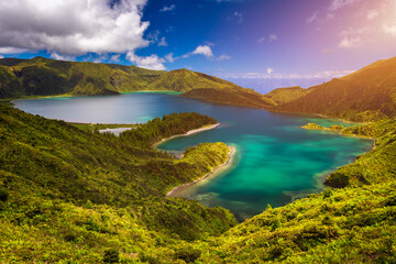 Naklejka na ściany i meble Beautiful panoramic view of Lagoa do Fogo lake in Sao Miguel Island, Azores, Portugal. 