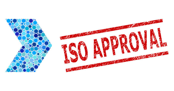 Rounded dot composition direction right and ISO APPROVAL scratched stamp seal. Stamp seal includes ISO APPROVAL title between parallel lines. Vector collage is based on direction right icon,