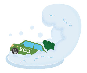 雪崩の被害に遭う緑色のエコカーのベクターイラスト