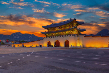 Romantic colorful sunset at the Gyeongbukgung  palace,seoul south korea . Sun go down, blue and...
