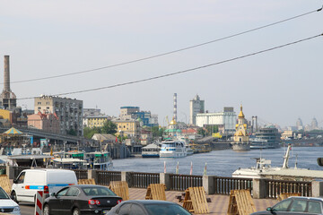 Cityscape of Kiev, Ukraine, in Summer, wiht the River Dnipr, Podil