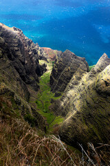 The Awa'awapuhi Trail over looking the Na Pali coastline in Kauai, Hawaii