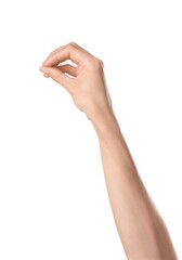 Hand showing letter O on white background. Sign language alphabet