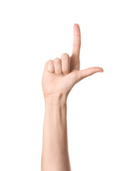 Hand showing letter L on white background. Sign language alphabet