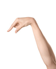 Hand showing letter Q on white background. Sign language alphabet