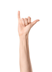 Fototapeta premium Hand showing letter Y on white background. Sign language alphabet