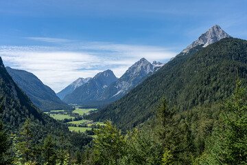 Fototapeta na wymiar view on wetterstein mountains and leutasch valley from ederkanzel guest court restaurant in summer