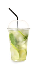 Cup of tasty cold ice tea on white background