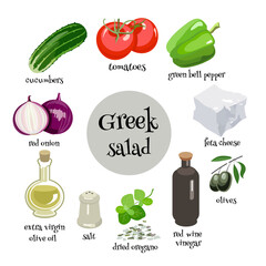 Greek salad ingredients set. Cartoon vector illustration