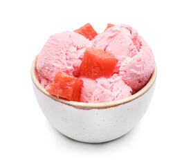 Tasty watermelon ice-cream in bowl on white background