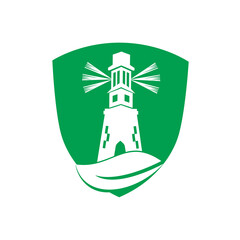 Green lighthouse shield shape concept logo template design. Leaf and Lighthouse Logo Template.