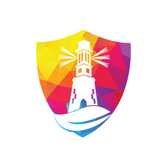 Green lighthouse shield shape concept logo template design. Leaf and Lighthouse Logo Template.