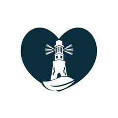 Green lighthouse heart shape concept logo template design. Leaf and Lighthouse Logo Template.