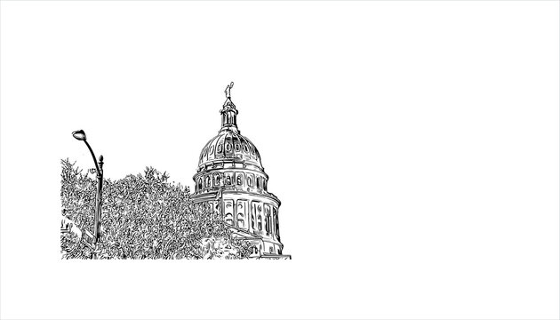 Building view with landmark of Austin is the state capital of Texas, an inland city bordering the Hill Country region. Hand drawn sketch illustration in vector.
