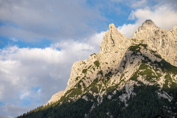 Fototapeta na wymiar view on the karwendel mountains in Germany, Bayern-Bavaria, from the alpine town of Mittenwald
