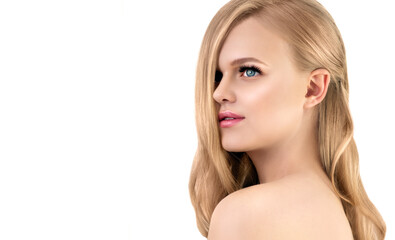 Naklejka premium Portrait of Beautiful Fashion Model with Natural Make up with Long Eyelashes and Long Blonde Wavy Hair.