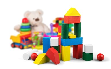 Many colorful toys collection on the desk