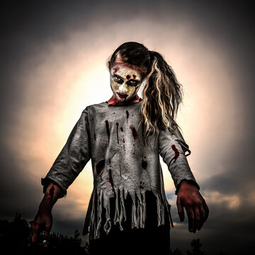 Image of a teenager dressed up as a zombie for Halloween