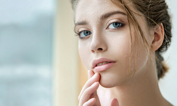 Beautiful young woman with clean perfect skin and water moisture drops touching face.