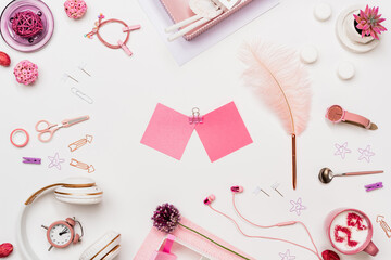 Woman workspace flat lay with paper note sticker