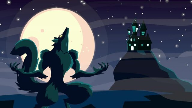 happy halloween animation with werewolf and castle