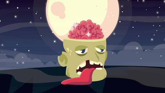 happy halloween animation with zombie head and moon