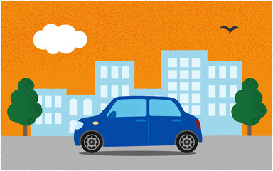 夕方、都市の道路を進む青い自動車のベクターイラスト