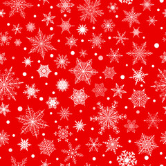 Christmas seamless pattern of various complex big and small snowflakes, white on red background