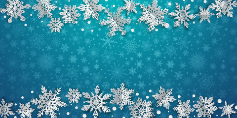 Christmas background with volume paper snowflakes with soft shadows on light blue background