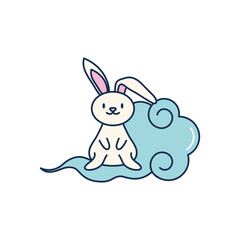 mid autumn concept, rabbit and oriental cloud icon, line fill style