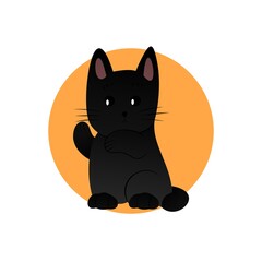 Illustration of Black Cat Waving Cartoon, Cute Funny Character, Flat Design
