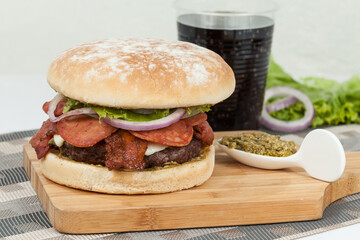 Tasty Italian Burger With Cheese, Meat, Bacon, And Slices Of Salami.