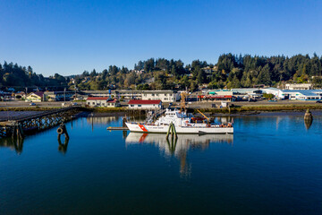 Fototapeta na wymiar U.S. Coast Guard ship moored in Coos Bay, Oregon.