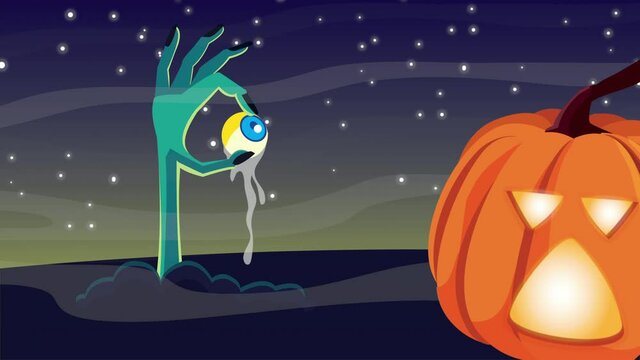 happy halloween animation with pumpkin hand death hand