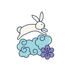 oriental cloud, flower and cute rabbit, line fill style
