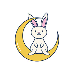 cute rabbit on moon icon, line fill style