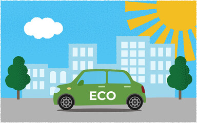炎天下、都市の道路を進む緑のエコカーのベクターイラスト