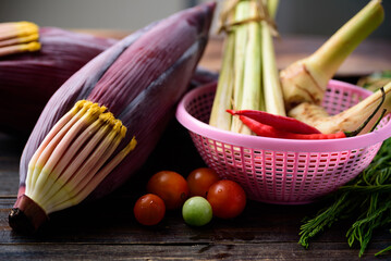Banana flower and vegetables for cooking, Edible plant in Southeast Asian cuisine used for curry or soup