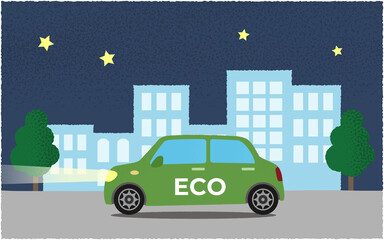夜、ライトを点けて都市の道路を進む緑のエコカーのベクターイラスト