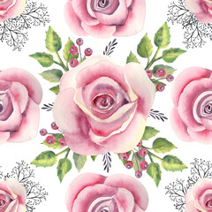 Seamless pattern. Pink rose flower, green leaves, red berries, decorative twigs. Floral poster, invitation. Watercolor arrangements for greeting card or invitation design