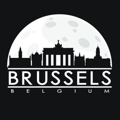 Fototapeta na wymiar Brussels Belgium Full Moon Night Skyline Silhouette Design City Vector Art.