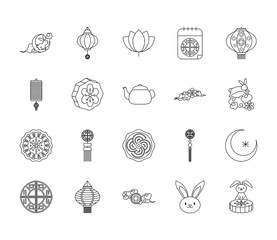 chinese lantern and mid autumn icon set, line style