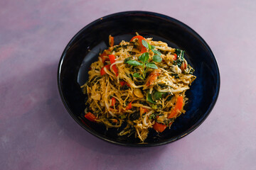 plant-based food, vegan stir fry with bean sprouts and vermicelli noodles