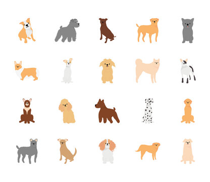 cartoon cute dogs icon set, flat style