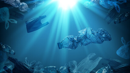 creative background of PET plastic bottles and single-use plastic bags floating in sea or ocean...