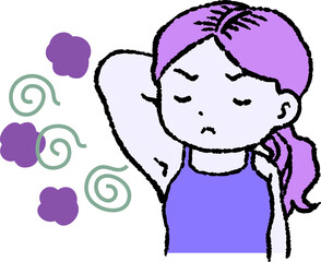 Purple Woman suffering from armpit odor