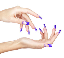 Hands with blue french acrylic nails manicure and painting